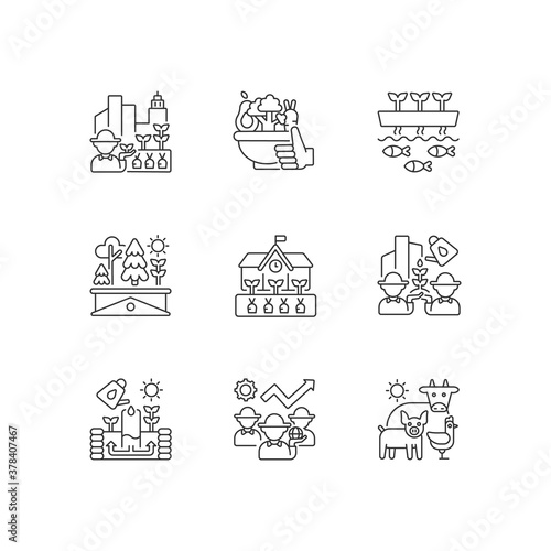 Agricultural business linear icons set. Urban farming. Healthy food. Vegetables from farmer. Customizable thin line contour symbols. Isolated vector outline illustrations. Editable stroke