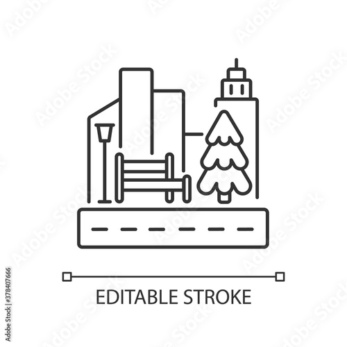 Street landscaping linear icon. City sidewalk. Public park. Growing tree in town. Thin line customizable illustration. Contour symbol. Vector isolated outline drawing. Editable stroke