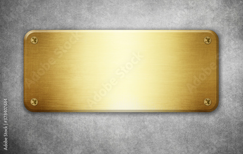 Gold metal plate with rivets on a gray background for technology design 3d illustration 