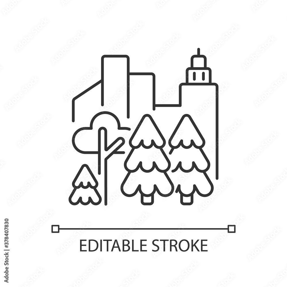 Naklejka premium Urban forest linear icon. Public city park. Tree grow in town district. Modern eco location. Thin line customizable illustration. Contour symbol. Vector isolated outline drawing. Editable stroke