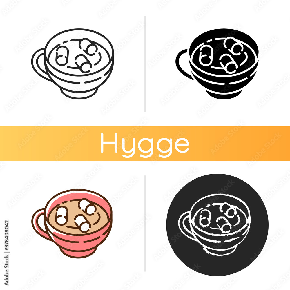 Homemade hot chocolate with marshmallows icon. Winter warm drink. Christmas mood. Hot cocoa. Simple life pleasure. Hygge lifestyle. Linear black and RGB color styles. Isolated vector illustrations