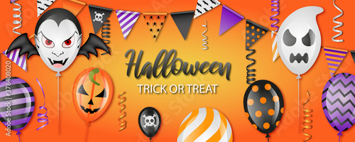 halloween party banner with balloons, pennants and streamers