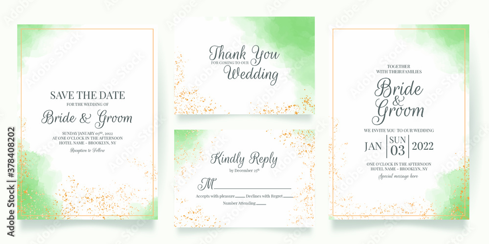 watercolor creamy wedding invitation card template set with golden floral decoration 