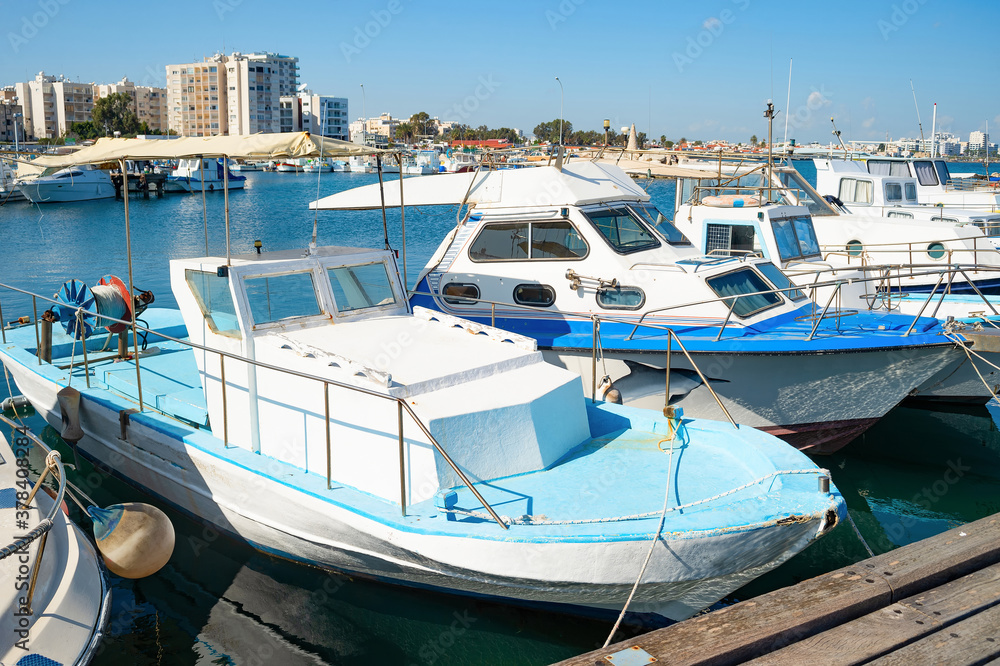 Motorboats marina embankment Larnaca Cyprus