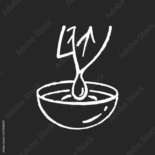 Herbal extract chalk white icon on black background. Drop from leaf. Organic cosmetic ingredient. Natural supplement. Essential oil drop from leaf. Isolated vector chalkboard illustration