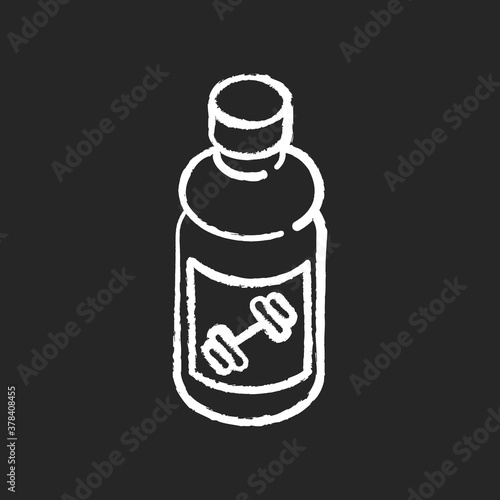 Sports drink chalk white icon on black background. Bottled protein. Beverage for workout energy. Product for athlete. Energetic nourishment for bodybuilding. Isolated vector chalkboard illustration
