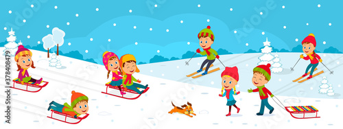 kids,boys and girls play outdoor, go skiing, sledding on the winter background