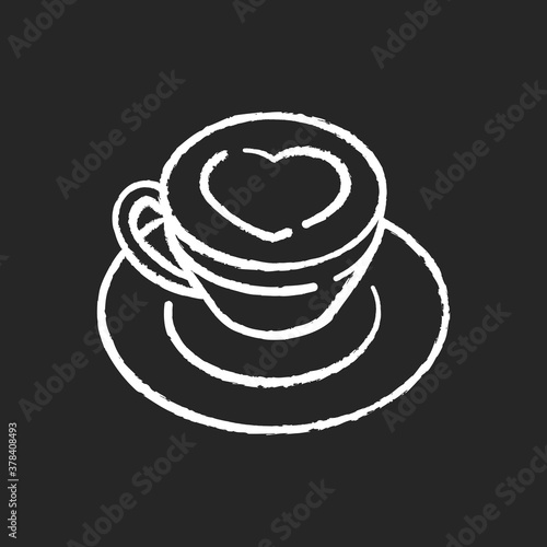 Cappuccino chalk white icon on black background. Coffee with heart on foam. Hot drink in mug. Beverage in cup. Cafe menu. Coffee with heart on foam. Isolated vector chalkboard illustration