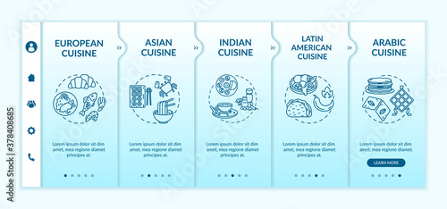 National cuisine onboarding vector template.European, asian, indian traditional restaurant meals. Responsive mobile website with icons. Webpage walkthrough step screens. RGB color concept