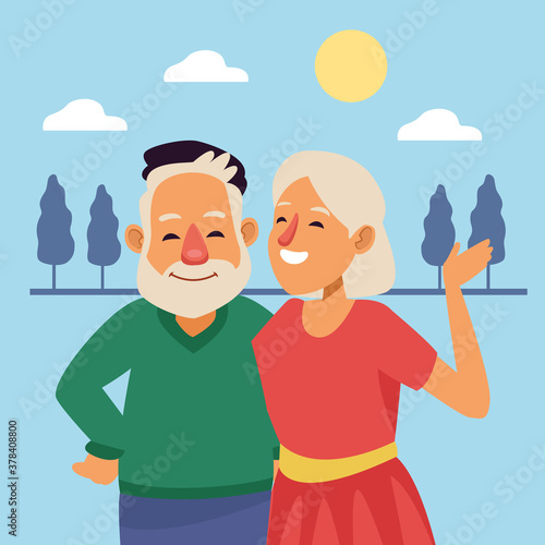 old couple outdoor scene active seniors characters