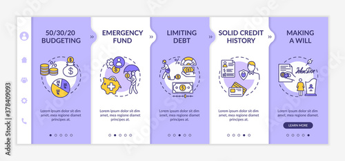 Best savings strategies onboarding vector template. Emergency fund. Limiting debt. Part budgeting. Responsive mobile website with icons. Webpage walkthrough step screens. RGB color concept