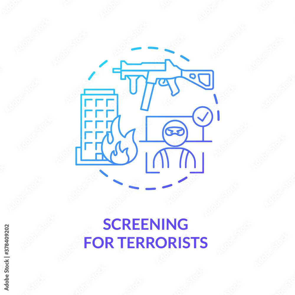 Screening for terrorists concept icon. Digital criminal surveillance device ideas. Ways to use safety systems idea thin line illustration. Vector isolated outline RGB color drawing Screening for terrorists concept icon. Digital criminal surveillance device ideas. Ways to use safety systems idea thin line illustration. Vector isolated outline RGB color drawing