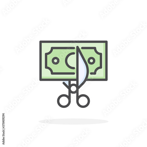 Scissors cutting money icon in filled outline style.