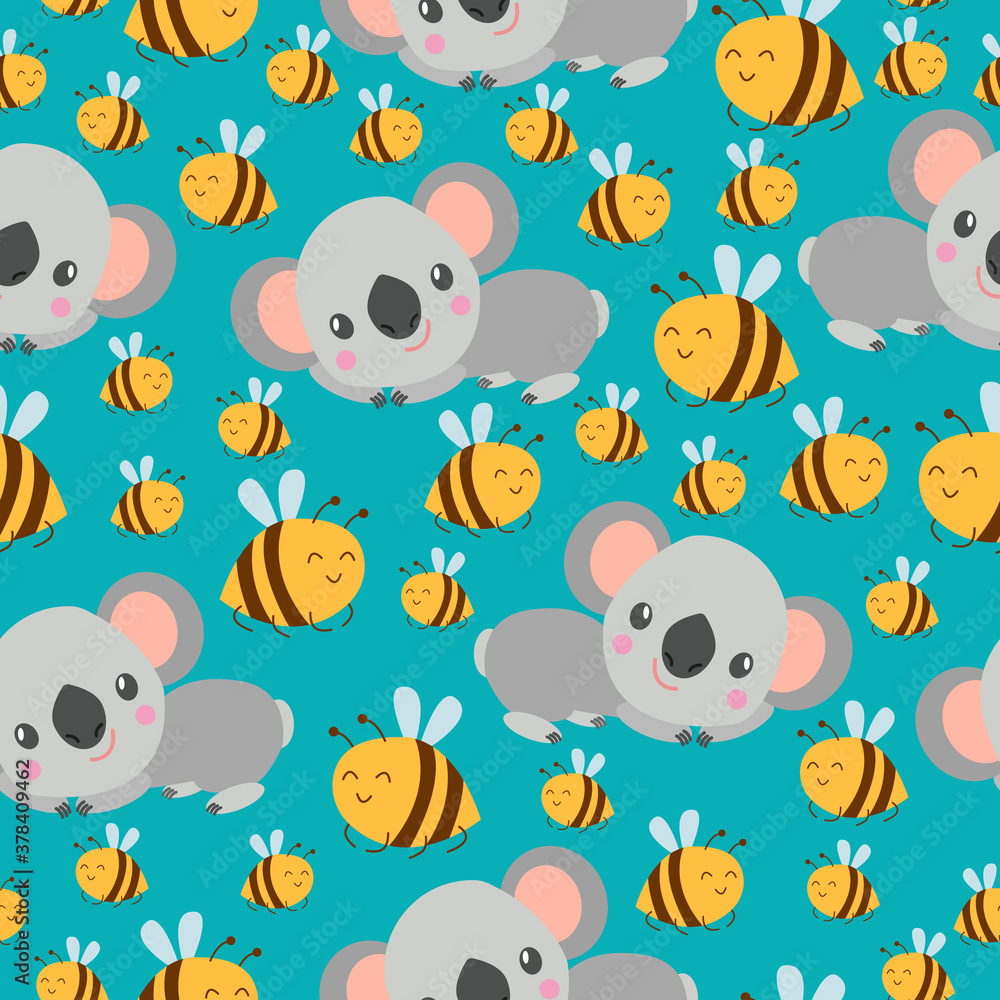 Seamless pattern with koala babies and yellow bees. Green background. Floral ornament. Flat сartoon style. Cute and funny. For kids postcards, textile, wallpaper and wrapping paper. Spring and summer Seamless pattern with koala babies and yellow bees. Green background. Floral ornament. Flat сartoon style. Cute and funny. For kids postcards, textile, wallpaper and wrapping paper. Spring and summer