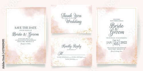watercolor creamy wedding invitation card template set with golden floral decoration 