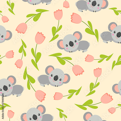 Seamless pattern with koala babies and pink tulips. Peach background. Floral ornament. Flat сartoon style. Cute and funny. For kids postcards, textile, wallpaper and wrapping paper. Spring and summer