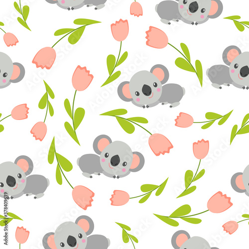 Seamless pattern with koala babies and pink tulips. White background. Floral ornament. Flat сartoon style. Cute and funny. For kids postcards, textile, wallpaper and wrapping paper. Spring and summer