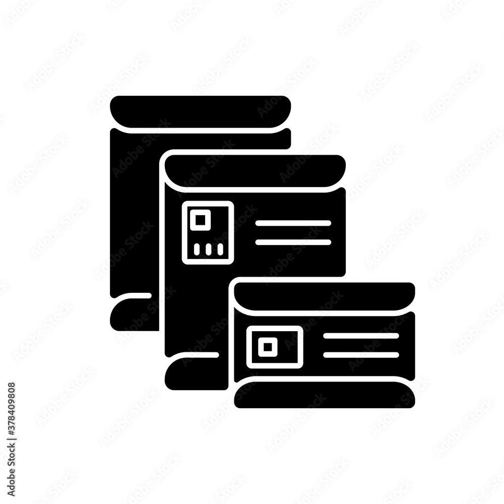 Envelopes black glyph icon. Postal stationery, mail service silhouette symbol on white space. Traditional correspondence. Paper packages for letters and small parcel. Vector isolated illustration Envelopes black glyph icon. Postal stationery, mail service silhouette symbol on white space. Traditional correspondence. Paper packages for letters and small parcel. Vector isolated illustration