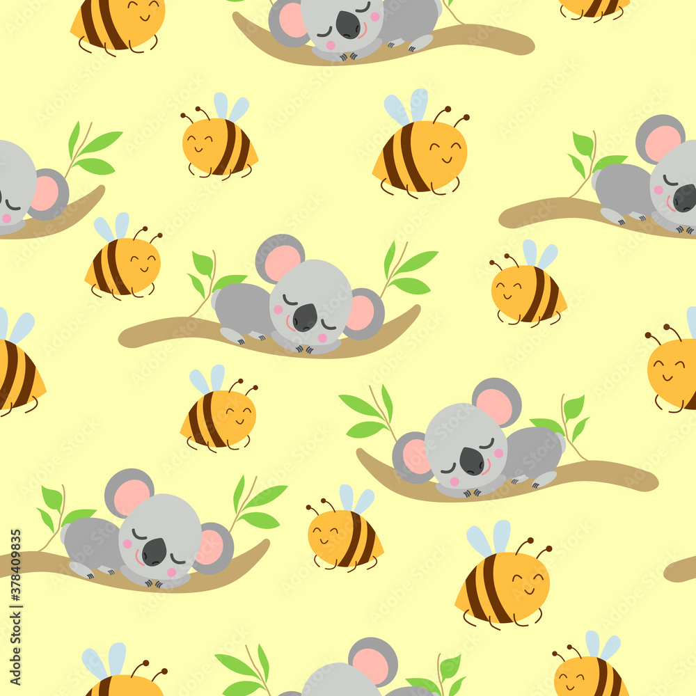 Obraz premium Seamless pattern with koala babies sleeping on eucalyptus branches and yellow bees. Yellow background. Flat design. Cartoon style. Cute and funny. For kids textile, wallpaper and wrapping paper