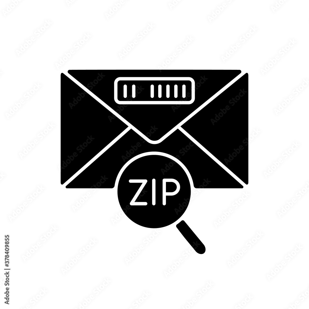 Vecteur Stock Zip code black glyph icon. Post office service,  correspondence silhouette symbol on white space. Letter with location ID.  Envelope with postal code under magnifying glass vector isolated  illustration | Adobe