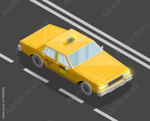 Flat 3D isometric yellow taxi cab model. City transport car road. Sedan taxi motor car. Urban classic motor vehicle. Quality auto infographics route. Flat isometric automobile street icon set