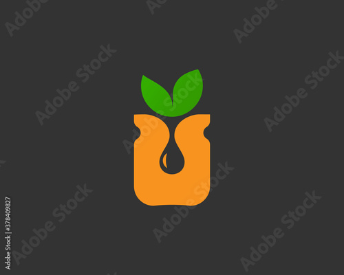 Abstract healthy organic jar with honey compote jam juice logo isolated on dark background. Logotype icon emblem sign in flat style. Vector illustration