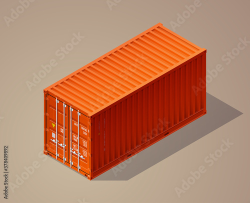 3D Isometric shipping cargo 20 ft container with closed doors. Large metal containers for transportation. Delivery of cargo shipping. 3D illustration