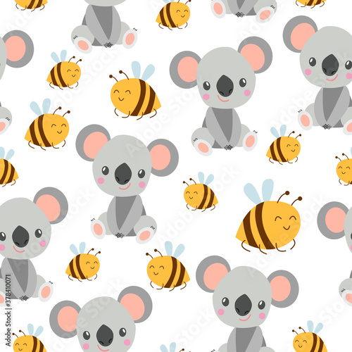 Fototapeta Naklejka Na Ścianę i Meble -  Seamless pattern with koala babies and yellow bees. White background. Flat cartoon style. Cute and funny. For children textile, scrapbooking, wallpaper and wrapping paper. Spring and summer ornament