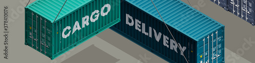 3D Isometric shipping cargo 20 and 40 ft container with closed doors. Large metal 40 foot containers for transportation. Delivery of cargo shipping. illustration