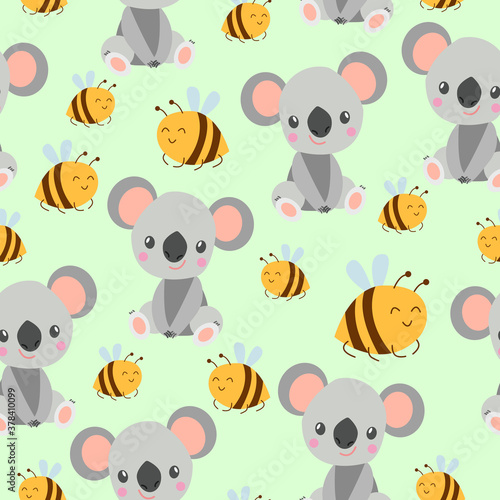 Seamless pattern with koala babies and yellow bees. Green background. Flat cartoon style. Cute and funny. For children textile, scrapbooking, wallpaper and wrapping paper. Spring and summer ornament