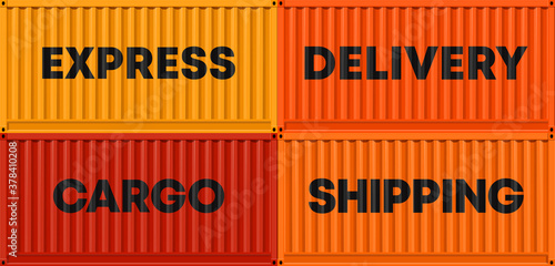 Flat side view express shipping cargo 20 foot four container delivery. Large metal 20 ft containers for transportation. Delivery of cargo shipping. illustration