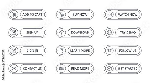 Vector call to action buttons with icons. Add to cart get started watch now. Read more learn more. Contact us follow us download icon. Try demo sign in sign up buy now. Editable stroke