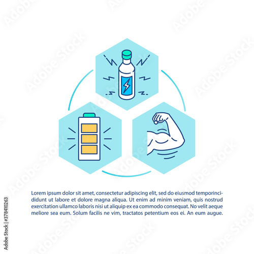 Stimulator physical active concept icon with text. Hand muscles, power engineer, charge, energy drinks. PPT page vector template. Brochure, magazine, booklet design element with linear illustrations