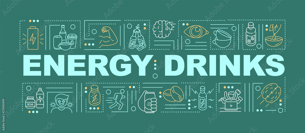Energy drinks word concepts banner. Products containing caffeine. Physical activity. Infographics with linear icons on green background. Isolated typography. Vector outline RGB color illustration Energy drinks word concepts banner. Products containing caffeine. Physical activity. Infographics with linear icons on green background. Isolated typography. Vector outline RGB color illustration