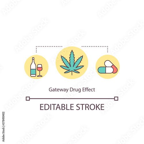 Gateway drug effect concept icon. Hemp, narcotic, alcohol and pills. Risk addiction substances idea thin line illustration. Vector isolated outline RGB color drawing. Editable stroke