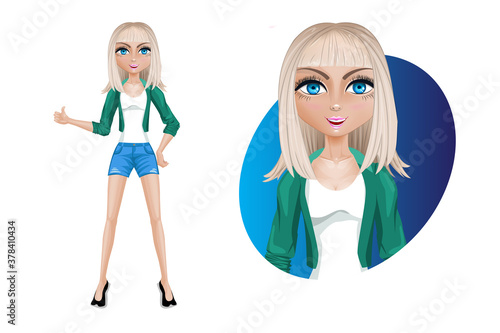Stylish young woman in shorts and a green jacket. Beautiful cartoon character modern. Pose-cool.