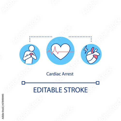 Cardiac arrest concept icon. Cardiopulmonary risk. Heart palpitations, arrhythmia symptoms idea thin line illustration. Vector isolated outline RGB color drawing. Editable stroke