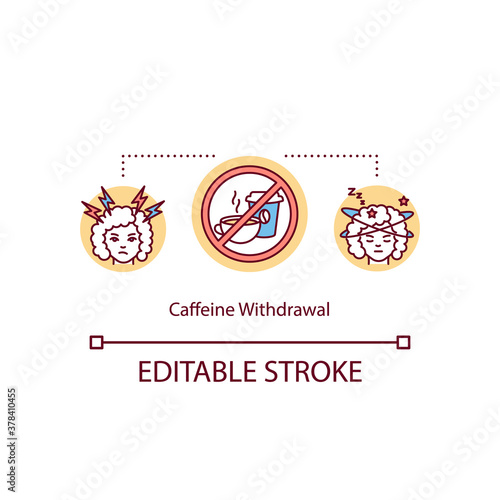 Caffeine withdrawal symptoms concept icon. Sleepy, exhaustion woman fight with coffee addiction idea thin line illustration. Vector isolated outline RGB color drawing. Editable stroke