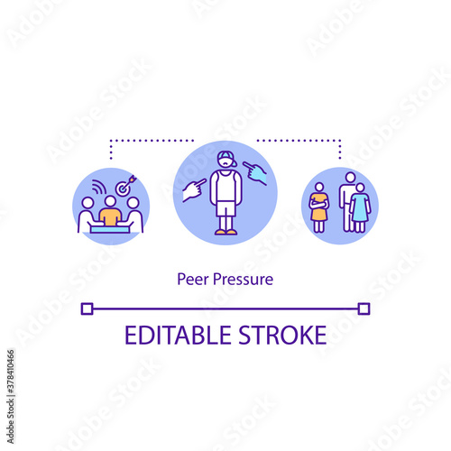 Peer pressure concept icon. Gossip  jeer  discussion  negative behavior. Teenagers relationships idea thin line illustration. Vector isolated outline RGB color drawing. Editable stroke