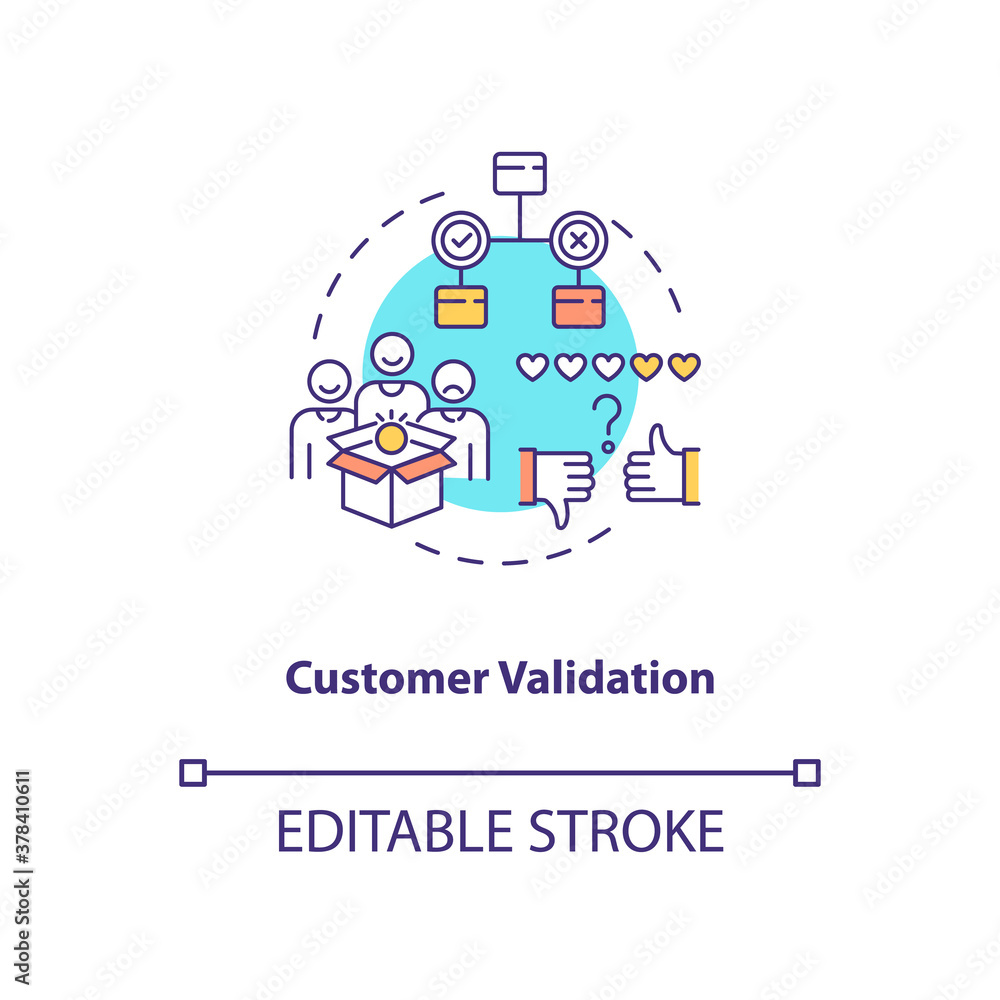 Customer validation concept icon. Customer development framework. Company service upgrading plan idea thin line illustration. Vector isolated outline RGB color drawing. Editable stroke Customer validation concept icon. Customer development framework. Company service upgrading plan idea thin line illustration. Vector isolated outline RGB color drawing. Editable stroke