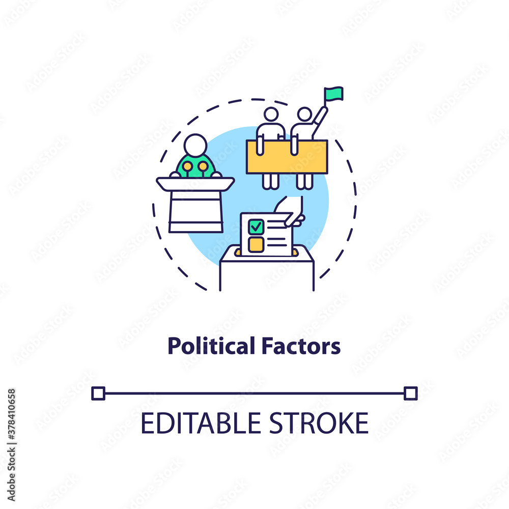 Political factors concept icon. PESTEL analysis. Communication issues. Politician business problems idea thin line illustration. Vector isolated outline RGB color drawing. Editable stroke