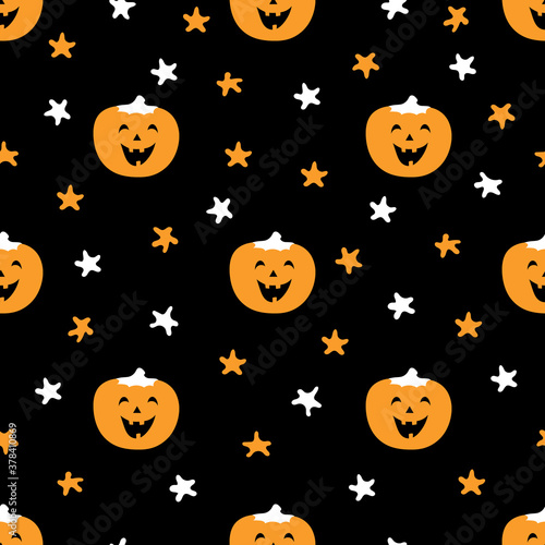 Cute festive pattern with pumpkin and stars. Halloween vector illustration is great for festive background, decoration, cards, wallpaper, digital paper, wrapping, prints, fabrics, textile designs.