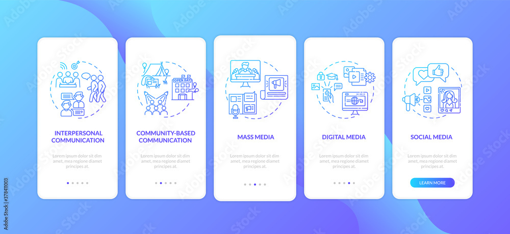 Communication channels onboarding mobile app page screen with concepts. Ways of communication walkthrough 5 steps graphic instructions. UI vector template with RGB color illustrations