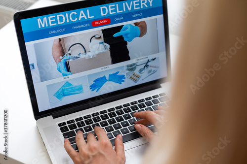 Woman Choosing Medication Online Pharmac. Purchase of drugs and medicine online.