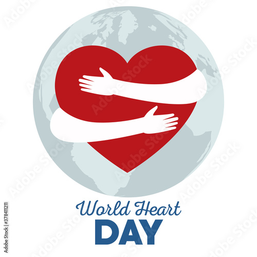 world heart day lettering with hands hugging heart and planet earth