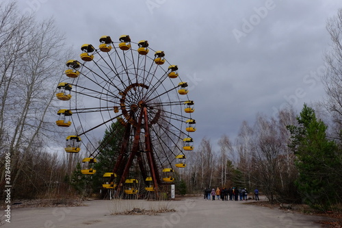 The famous Ferris wheel in an abandoned amusement park in Pripyat. Cloudy weather in the Chernobyl exclusion zone.