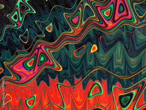 Abstract Red & Green Fractal Background - Completely distorted, this unique design highlights many shades of red and green with a different multicolored pattern crossing the screen. Funky scene!