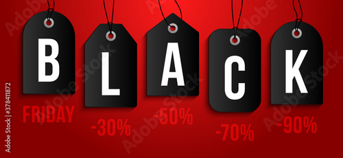 Black Friday on dark price tag and discount percent. Vector set of realistic isolated blank price tag coupons for Black Friday sale for decoration and covering on the red background.