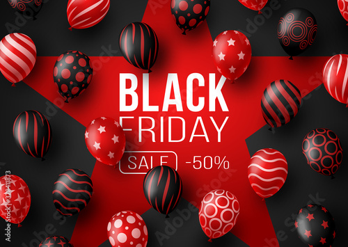 Black Friday Sale Promotion Poster or banner with balloons. Special offer 50% off sale in black and red color style. Promotion and shopping template for Black Friday