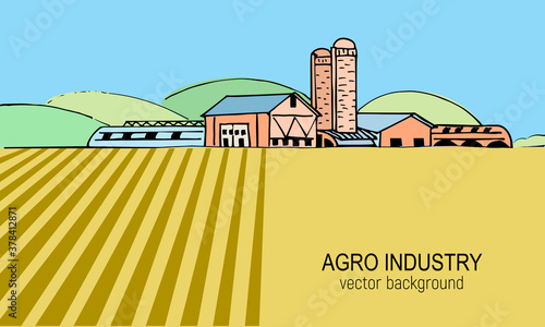 Vector sketch illustration of an agricultural farm, agri business, with agricultural hangars, silo tower, cows on pasture. Hand drawing in one linewith a colored background.